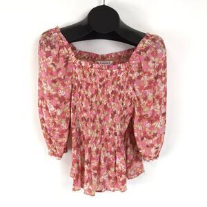 NANETTE Nanette Lepore Smocked Floral Peplum Blouse Women's Small Square Neck